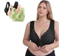 Masrin Soutien-gorge de sport sans armatures pour femme avec boucle avant - Grandes tailles - Dentelle brodée florale - Mince - Extra élastique - Sous-vêtements quotidiens - Taille 75-105 (1/3 pièces)