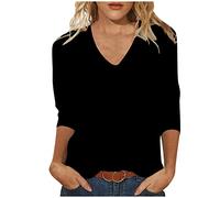 Masrin T-shirt à manches 3/4 pour femme - Couleur unie - Manches trois-quarts - Col en V - Lâche - All-Match - Chemisier - T-shirt de sport - Cadeau pour femme - Tunique de plage