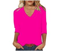 Masrin T-shirt à manches 3/4 pour femme - Couleur unie - Manches trois-quarts - Col en V - Lâche - All-Match - Chemisier - T-shirt de sport - Cadeau pour femme - Tunique de plage