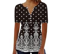 Masrin T-shirt long décontracté pour femme - Imprimé floral - Plissé - Avec boutonnière - Col en V - Tunique - Haut d'été à manches courtes - Haut fin - Long tops - Tops de fête, Noir , M