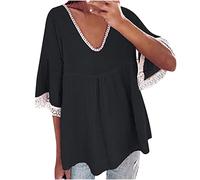 Masrin T-shirt pour femme avec bordure en dentelle - Chemisier d'été - Manches évasées - Col en V - Vintage - Couleur unie - Coutures en dentelle - Pour les vacances, les loisirs, la course à pied -