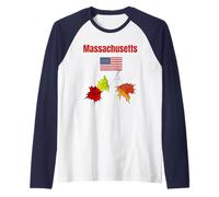 Massachusetts Souvenir Feuilles d'automne Feuillage Drapeau US Manche Raglan