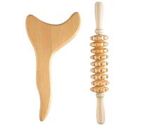 Masseur de drainage lymphatique, 2pcs outils de massage de thérapie en bois avec rouleau de massage à 9 roues et corps Gua Sha outil, outil de drainage lymphatique lisse pour les jambes, le dos, le c