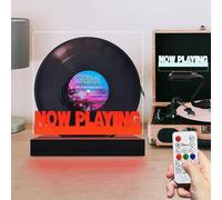 Masshomi Now Playing Support vinyle 7 couleurs changeantes Interrupteur Télécommande Gradation Minuteur Charge USB Rétro Base en bois Panneau Acrylique Album Collection Affichage LED Veilleuse Lampe