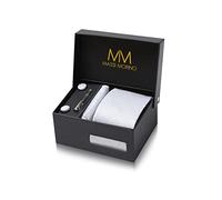 Massi Morino - Coffret cravate et pochette de costume - Pour hommes - Avec boutons de manchette, épingle à cravate et coffret cadeau - Pour mariage, Blanc, carré, taille unique