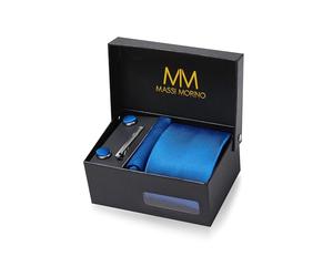 Massi Morino Cravate Homme Bleu royal et mouchoirs de poche, boutons de manchette et Pinces à cravates | Coffret cadeau | Accessoires de Fete de Mariage