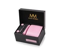 Massi Morino Cravate Homme - Coffret Pochette Costume, Boutons de Manchette, Épingle à Cravate, Microfibre Imitation Soie, Rosa Kariert