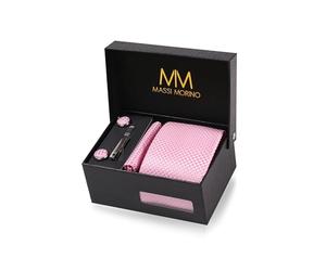 Massi Morino Cravate Homme - Coffret Pochette Costume, Boutons de Manchette, Épingle à Cravate, Microfibre Imitation Soie, Rosa Kariert