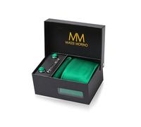 Massi Morino Cravate Homme Vert et mouchoirs de poche, boutons de manchette et Pinces à cravates | Coffret cadeau | Accessoires de Fete de Mariage
