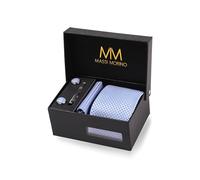 Massi Morino Cravate pour homme - Coffret avec pochette de costume, boutons de manchette et épingle à cravate, cousu main en microfibre imitation soie en différentes couleurs, taille unique bleu clair