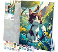 Massido Peinture par numéros adultes enfants - 40 x 50 cm - Kit de peinture 30 couleurs 3 pinceaux crochets - Chaton