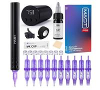 Mast Wireless Tattoo Kit, Tour Fly Slim Wireless Rotary Tattoo Pen Machine, Power Motor by Mcore-A, 10 Count Pro Tattoo Cartridges, Cordless 2 Batteries Replaceble for Eyebrow Eyeliner Lip(black)