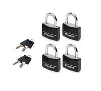 Master Lock 9140EURQBLKNOP Lot de 4 Cadenas à Clé en Aluminium Massif recouvert de Vinyle, noir, 4 x 5,9 x 1,3 cm