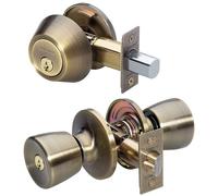 Master Lock Serrure de porte d'entrée à clé, pêne dormant monocylindre avec bouton de style tulipe assorti, laiton antique, TUCO0605, Combo