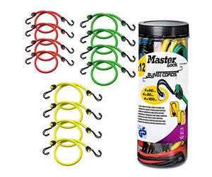 MASTER LOCK Tendeurs avec Crochets [Pack de 12 Elastiques] [4 * 60 cm + 4 * 80 cm + 4 * 100 cm] [Double Crochet Inversé] 3107EURDAT - Idéal pour Le Transport de Charges, l'Emballage, Le Camping