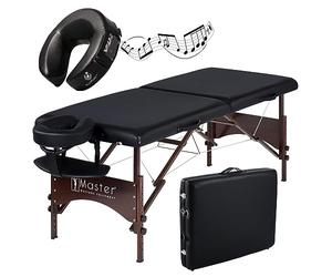 Master Massage Argo Table de Massage Mobile Pliable 71 cm - avec Pieds en Bois de Noyer et Sac de Transport - Noir - avec Coussin Musical - Haut-Parleur Bluetooth