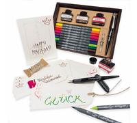 Master Set avec ONLINE Air stylo calligraphie noir 1,4 mm,1x convertisseur, 3x verres à encre 15ml (noir, marron, rouge), 10x Calli.Brush Double Tip Pens et 1x Greetings Set