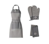 MasterChef Lot de Torchon Cuisine, Tablier Cuisine et Gants Four/Maniques, Motif Rayé Gris, Lavable en Machine, Résistant à la Chaleur