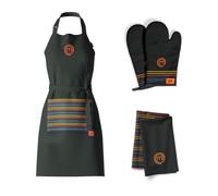 MasterChef Lot de Torchon Cuisine, Tablier Cuisine et Gants Four/Maniques, Motif Rayé Multicolore, Lavable en Machine, Résistant à la Chaleur, Logo Brodé