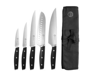 MasterChef Set Couteau Cuisine avec Malette Couteaux Professionnel, Lot Compris Couteau Chef, Santoku, Hachoir, Office et Legume, Acier Inox à Haut Carbone, 5 Pièces