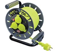 Masterplug Pro-XT - Enrouleur 3 prises IP44 avec poignée d'enroulement - Interrupteur thermique et interrupteur d'alimentation - Câble haute visibilité de 25 mètres