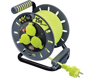 Masterplug Pro-XT - Enrouleur 3 prises IP44 avec poignée d'enroulement - Interrupteur thermique et interrupteur d'alimentation - Câble haute visibilité de 25 mètres