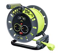 Masterplug Pro-XT Enrouleur de câble, 25 m, USB, rallonge USB, 4 Prises Schuko + USB, 3000 W, Gris/Vert Pistache