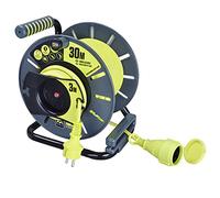 Masterplug Pro-XT Enrouleur Ouvert inversé avec Prise en Ligne résistante aux intempéries 30 m avec câble Haute visibilité inversé de 3 m, Vert
