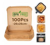 MasterPRO Foodies - Papier de cuisson pour friteuse - Sans BPA - Lot de 100 pièces - moules carrés en papier de 26cm pour friteuse avec panier de 3-4,5L - Non blanchi