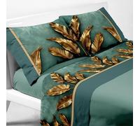 Masters House - Parure de lit double satin et coton à impression numérique HD, drap housse avec coins maximum, 2 taies d'oreiller en satin et 2 taies d'oreiller en coton - Avec cordon (feuilles