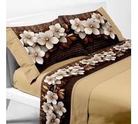 Masters House Parure de lit double satin et coton imprimé numérique HD, drap housse avec coins maximum, 2 taies d'oreiller en satin et 2 taies d'oreiller en coton - Avec cordon (Cacao fleur)