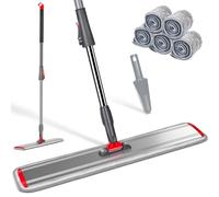MASTERTOP 60cm Balai Serpillère Aluminium avec Manche Télescopique en INOX, Vadrouille Microfibre Professionnelle Rotative 360° pour Nettoyage de Sol avec 5 Tampons (Rouge)