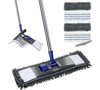 MASTERTOP Balai à Plat en Microfibre Rotatif à 360° Vadrouille Serpillère Plate en Chenille avec Manche en Métal pour Nettoyage de Sol Sec & Humide avec 4 Tampons en Total