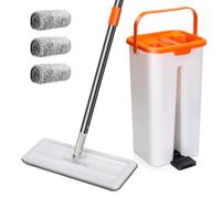 MASTERTOP Balai Microfibre et Seau Essoreur Mop Plat Rotatif et Seau Auto-Essorage Petit&Léger avec Mains Libres Vadrouille pour Nettoyage de Sol Humide & Sec avec 3 Serpillères (Orange)