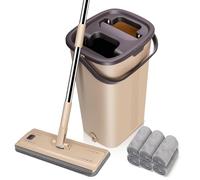MASTERTOP Balai Microfibre et Seau Essoreur, Serpillière Plat Rotatif 360° et Seau Auto-Lavage, Vadrouille de Mains Libre pour Nettoyage de Sol, avec 6 Serpillières Réutilisables (Beige)