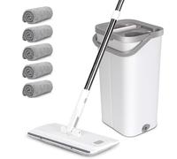 MASTERTOP Balai Microfibre et Seau Essoreur, Serpillière Rotative 360° et Seau à 2 Compartiments, Vadrouille de Mains Libre pour Nettoyage de Sol avec 10 Tampons Réutilisables (Blanc)