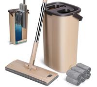 MASTERTOP Balai Plat Microfibre et Seau Essoreur, Serpillère Rotative 360° et Seau de Système Auto-Lavage pour Nettoyage de Sol Humide & Sec, avec 6 Tampons (Beige)