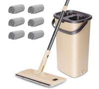 MASTERTOP Balai Serpillière et Seau Essoreur, Balai Microfibre Rotatif 360° et Seau à 2 Compartiments, Serpillière de Mains Libre pour Nettoyage de Sol, avec 6 Tampons Réutilisables (Beige)