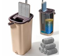 MASTERTOP Balai Serpillière Seau Essoreur, Rotatif 360° - 6 Serpillières | Seau Auto-Lavage, Vadrouille de Mains Libre pour Nettoyage de Sol, Manche Réglable 140 cm - Beige