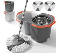 MASTERTOP Ensemble Balai Serpillère et Seau Essoreur - Eau Propre/Eau Sale | Essorage Par Pression, Manche Télescopique Réglable, Tête Rotative à 360° - 2 Housses Microfibres Lavables