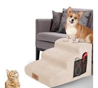 MASTERTOP Escaliers pour Chiens à 3 Marches en Éponge Haute Densité, Échelle Large pour Animaux de Compagnie, Escaliers Chien Antidérapant avec Housse Amovible pour Monter Canapé et Lit (Beige)