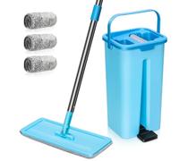 MASTERTOP Seau Essoreur et Balai Microfibre Mop Plat Rotatif et Seau Auto-Essorage Petit&Léger avec Mains Libres Vadrouille pour Nettoyage de Sol Humide & Sec avec 3 Serpillères