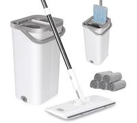 MASTERTOP Serpillière Seau Essoreur, Balai Plat Microfibre Rotative 360° et Seau Essoreur Auto-Lavage, Vadrouille de Mains Libre pour Nettoyage de Sol Lisse avec 5 Tampons Réutilisables (Blanc)