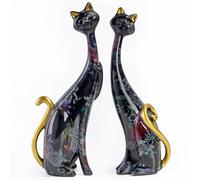 masteymoh Lot de 2 statues de chat médiévales en résine - Figurines de chat de pivoine - 24 cm - Sculptures d'art en résine - Statue de couple de chats pour bibliothèque et bureau (encre et noir lavé)
