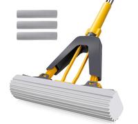 Masthome Balai éponge avec 3 recharges de serpillères absorbantes en PVA, éponge Auto-pressante et poignée en Acier Inoxydable, éponge PVA pour Sol