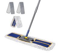 Masthome Balai Serpillère Professionnel, 90cm Grande Balai Plat avec Manche Téléscopique, Serpillere Coton avec 2 Microfibre Tampons ,Balais Nettoyer Sol pour Bureau, Garage, Entrepôt-Bleu