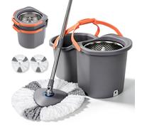 Masthome Kit Balai Serpillère Rotatif avec Seau Divisible & Profond, Gris | 135cm Manche Inox Télescopique, Tête Rotative 360°, 2 Coton Chiffons Lavables, Lavage sans les mains,Tous types de sols