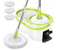 Masthome Kit Serpillière Seau Essoreur à Pédale 2 en 1, Balai Rotatif 360° Microfibre, Manche Télescopique INOX Réglable, 3 Tampons Lavables, Compact pour Carrelage Parquet Stratifié, Blanc+Vert