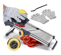 Masthome Mandoline Cuisine 5 en 1, Coupe-Légumes Multifonction en Inox | Protège-main, gants anti-coupure et base antidérapante pour maintenir les aliments et cuisiner avec plus de stabilité.