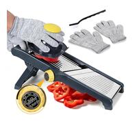 Masthome Mandoline de Cuisine Inox, Trancheuse Réglable 1-9mm avec Gants | Bouton rotatif (tranches 1-9mm, julienne 4.5/9mm), gants anti-coupure, protège-main, base antidérapante et brosse.